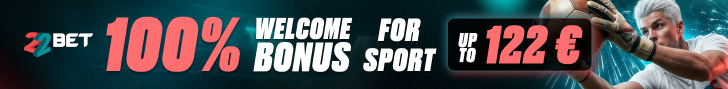22Bet: bono de bienvenida 100% para deportes, hasta 122€