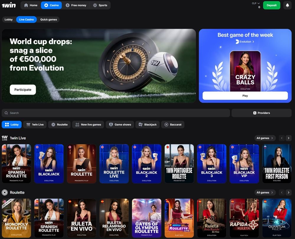 Casino en vivo de 1win con ruleta en español, blackjack y mesas de Evolution y Pragmatic Live