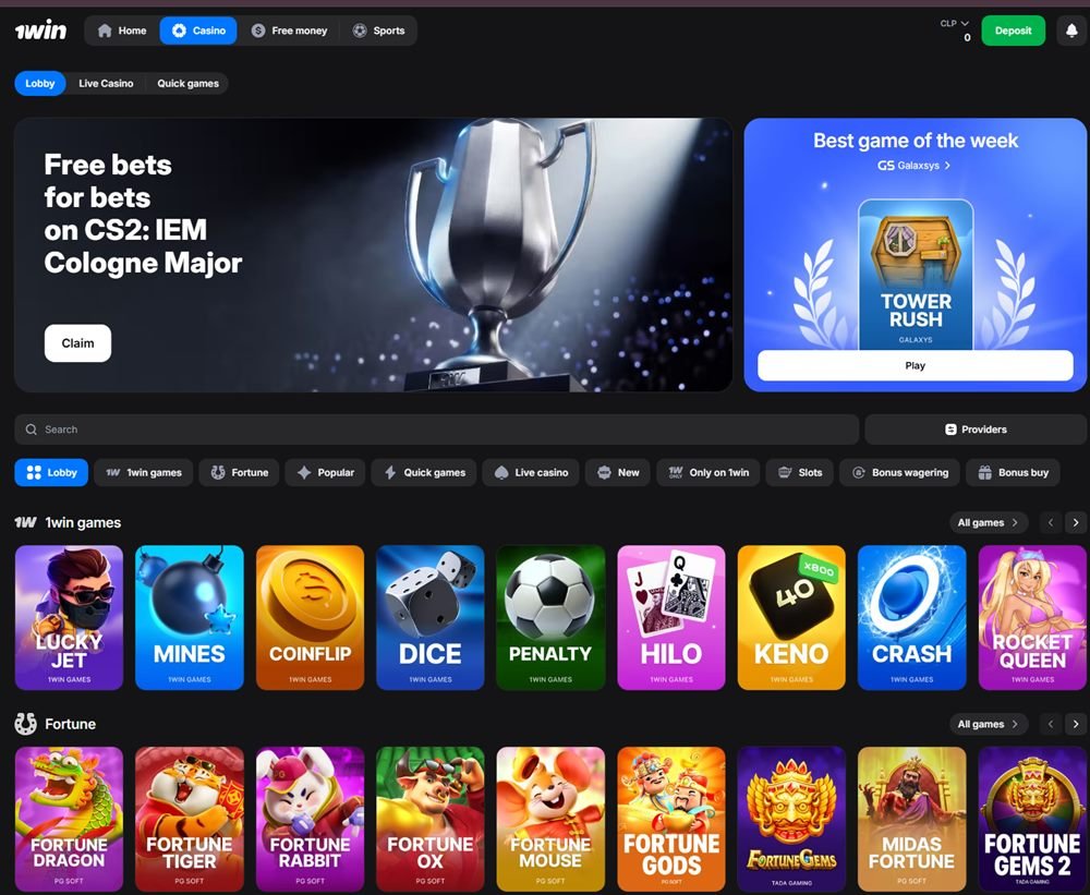 Lobby de 1win con sus juegos propios: Lucky Jet, Mines, Coinflip, Dice, Crash y Rocket Queen