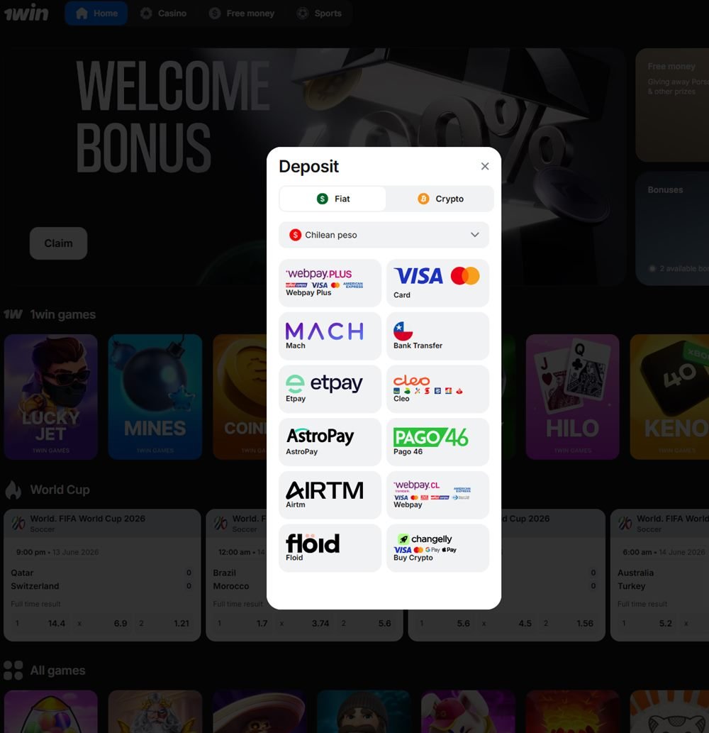 Caja de 1win en Chile con WebPay Plus, MACH, Pago46, Floid, AstroPay, VISA y criptomonedas