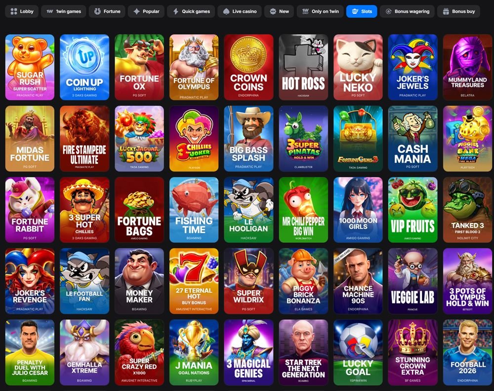Catálogo de tragamonedas de 1win con Sugar Rush, Fortune Ox, Gates of Olympus y cientos de slots