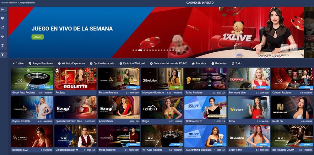 Casino en vivo de 1xBet con mesas de ruleta, blackjack, baccarat y Crazy Time con crupieres reales
