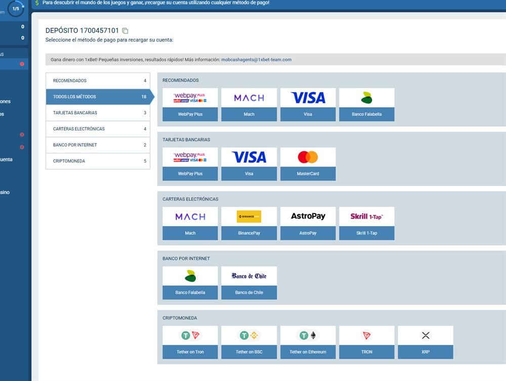 Métodos de pago de 1xBet en Chile: WebPay Plus, Mach, Visa, Banco de Chile, AstroPay, Skrill y criptomonedas USDT