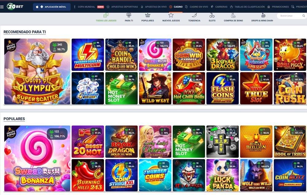 Sección de casino de 20Bet con tragamonedas Gates of Olympus, Coin Bandit, 3 Royal Dracos y más slots populares