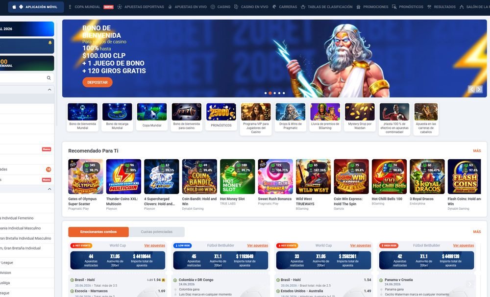 Lobby principal de 20Bet Casino con el bono de bienvenida y catálogo de juegos en español