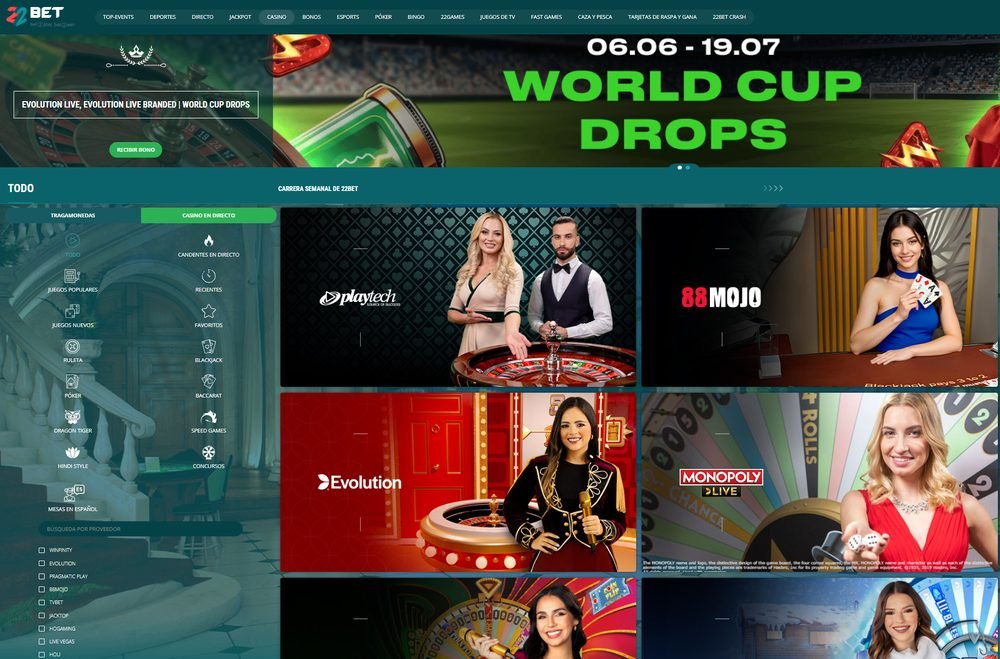 Casino en vivo de 22Bet con mesas de Evolution, Playtech y Monopoly Live, con filtro de mesas en español