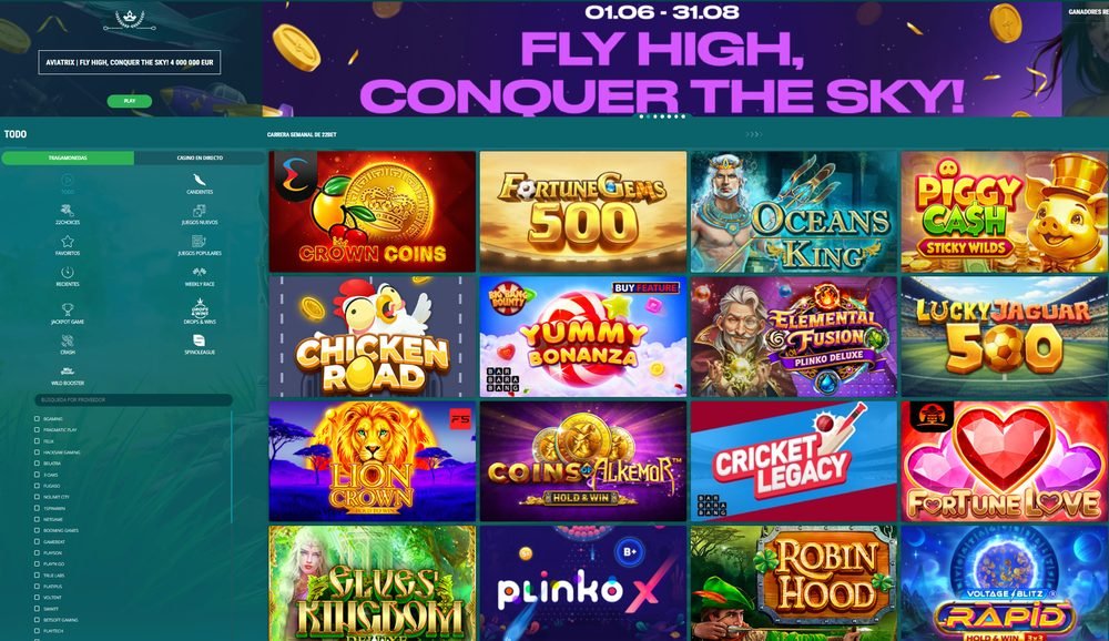 Lobby de tragamonedas de 22Bet Chile con Chicken Road, Yummy Bonanza, Plinko X y proveedores como Pragmatic Play, Hacksaw Gaming y Nolimit City