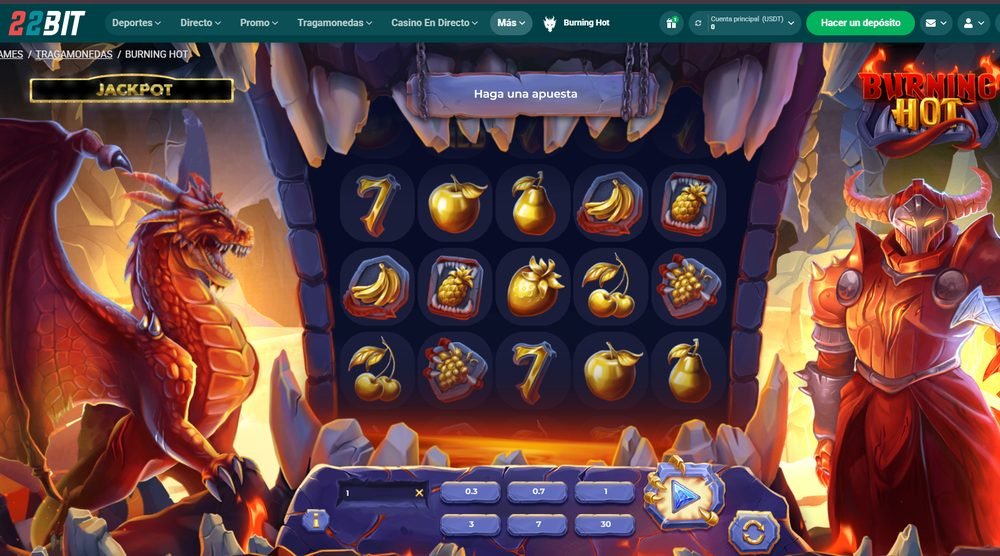 Tragamonedas Burning Hot en 22Bit con jackpot, símbolos de frutas doradas y controles de apuesta, cuenta en USDT