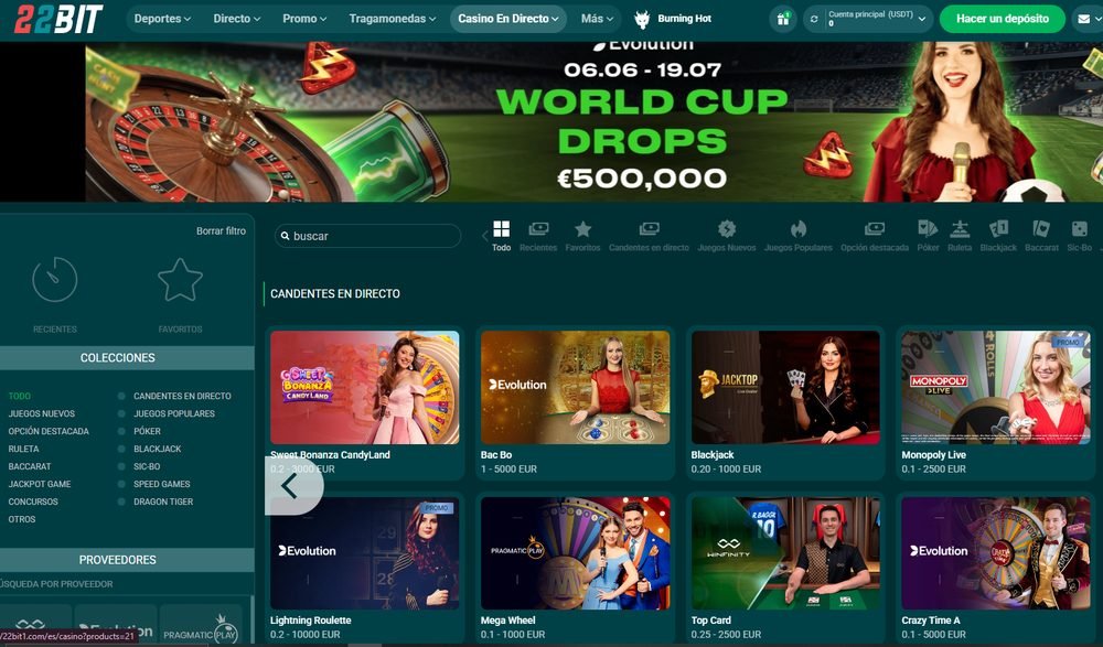 Casino en vivo de 22Bit con mesas de Evolution y Pragmatic Play Live: Sweet Bonanza CandyLand, Bac Bo, Blackjack, Monopoly Live, Lightning Roulette y Crazy Time