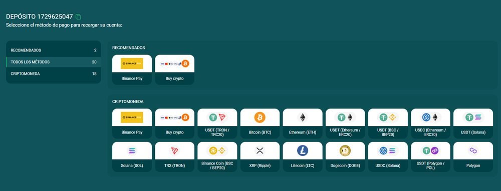 Caja de pagos de 22Bit con 18 criptomonedas: Bitcoin, Ethereum, USDT en varias redes, Solana, XRP, Litecoin, Dogecoin, Polygon, más Binance Pay y compra de cripto con tarjeta