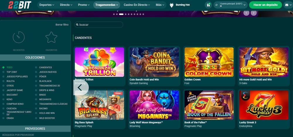 Lobby de tragamonedas de 22Bit con Bonanza Trillion, Big Bass Splash, Book of the Fallen y Lucky Streak 3, y cuenta denominada en USDT