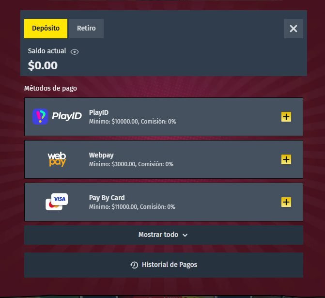 Caja de depósito de AllySpin en pesos chilenos con PlayID, WebPay (mínimo 3.000 CLP, comisión 0%) y Pay By Card / Visa como métodos de pago