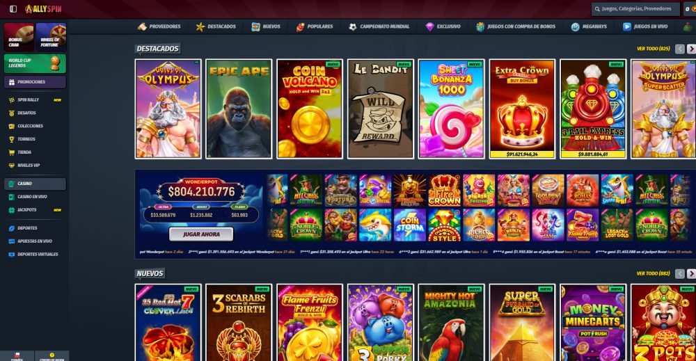 Biblioteca de juegos de AllySpin con cientos de tragamonedas destacadas y nuevas, y el jackpot progresivo Wonderpot mostrando más de 804 millones de pesos