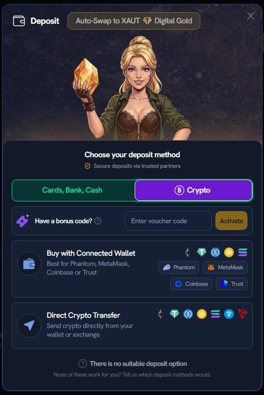 Caja de depósito cripto de AurumRun con wallets Phantom, MetaMask, Coinbase y Trust, y transferencia directa de criptomonedas