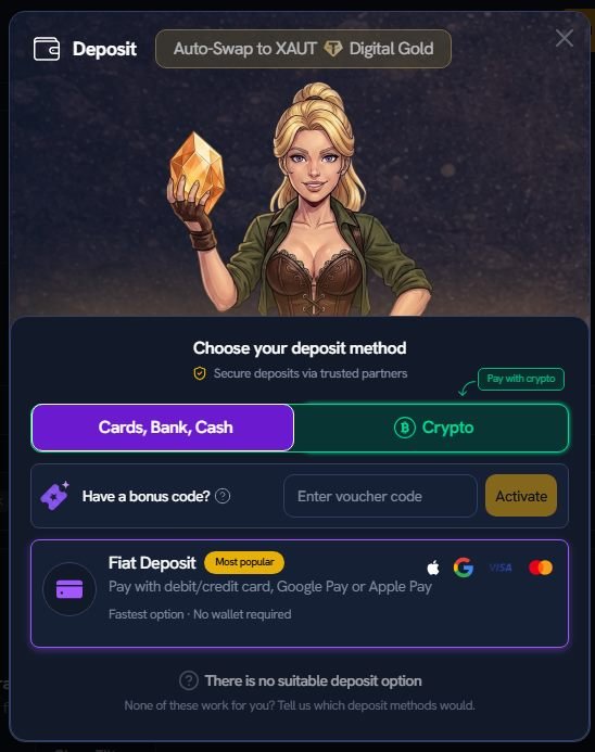 Caja de depósito fiat de AurumRun con opciones de tarjeta, Apple Pay, Google Pay, Visa y Mastercard, y campo para código de bono