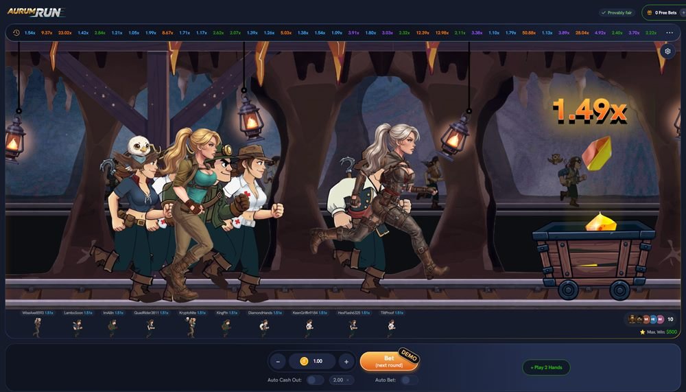 Partida de AurumRun: personajes corriendo por una mina con el multiplicador en 1,49x, historial de multiplicadores arriba y apuestas de otros jugadores abajo