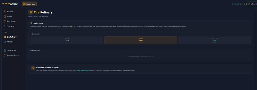 Pantalla Ore Refinery de AurumRun explicando que parte de las pérdidas se convierte en Ore bloqueado y luego se refina por un 3% a 10% de su valor