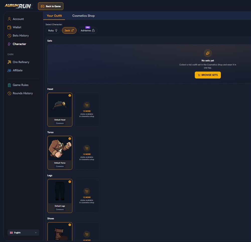 Pantalla de personaje de AurumRun con selección de personajes Ruby y Jack, y cosméticos de cabeza, torso y piernas en la tienda