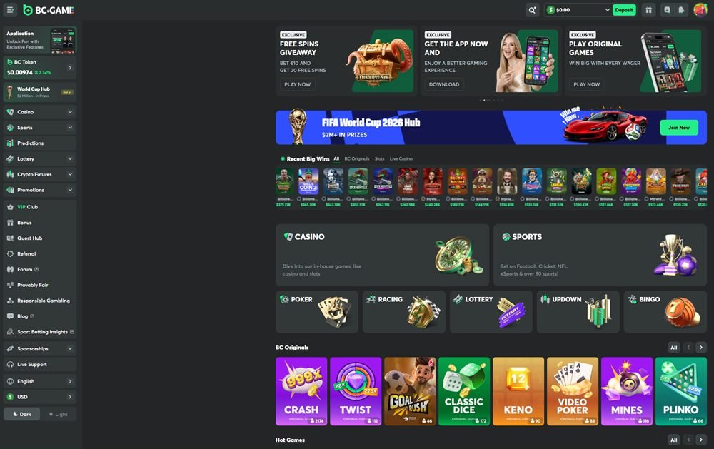 Lobby de BC.Game con BC Originals, casino, deportes, lotería y promociones como el FIFA World Cup 2026 Hub