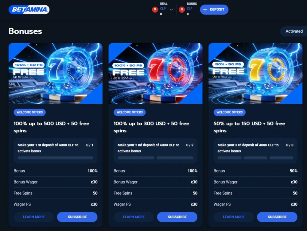 Página de bonos de Betamina: paquete de bienvenida en tres depósitos (100%, 100% y 50%) con 50 giros gratis cada uno y wager x30