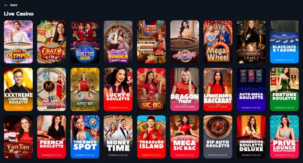 Sección de casino en vivo de Betamina con mesas de Evolution y Pragmatic Play Live: Crazy Time, Mega Wheel, Lightning Baccarat y ruletas en vivo