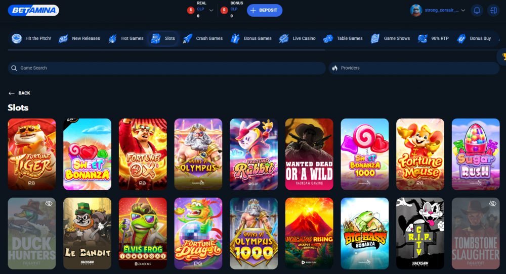 Lobby de Betamina con las categorías Slots, Crash Games, Live Casino, Table Games, Game Shows y Bonus Buy, y tragamonedas de Pragmatic Play y PG Soft