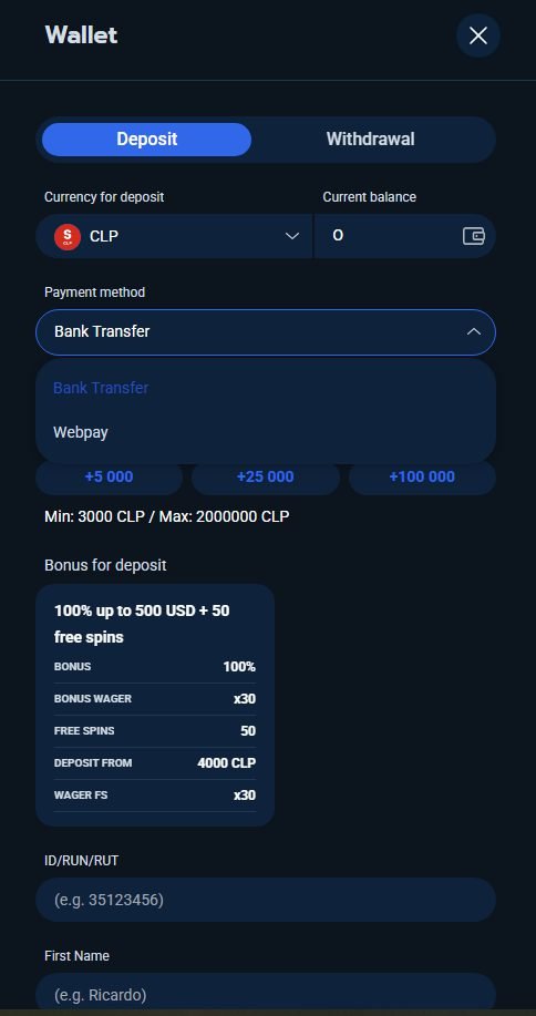 Caja de depósito de Betamina en CLP con WebPay y transferencia bancaria como métodos, mínimo 3.000 CLP, y campo de RUT
