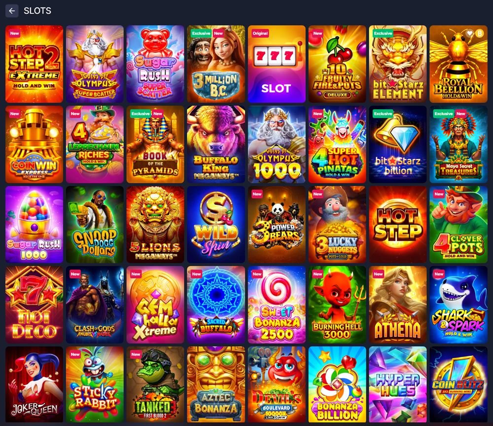 Biblioteca de tragamonedas de BitStarz con Gates of Olympus, Sugar Rush, Book of Pyramids y slots exclusivos