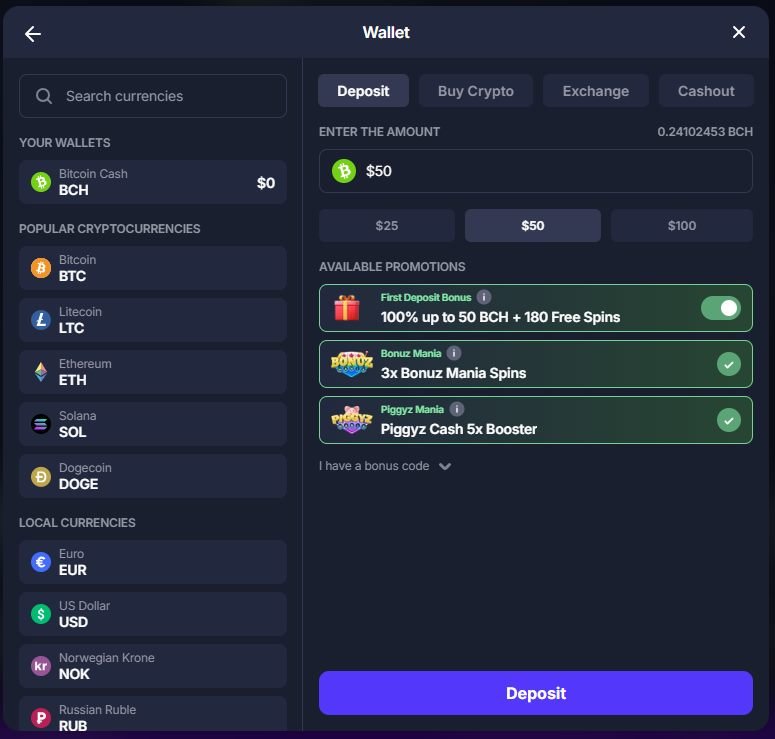 Billetera de depósito de BitStarz con criptomonedas BTC, LTC, ETH, SOL, DOGE y el bono de bienvenida 100% + 180 giros