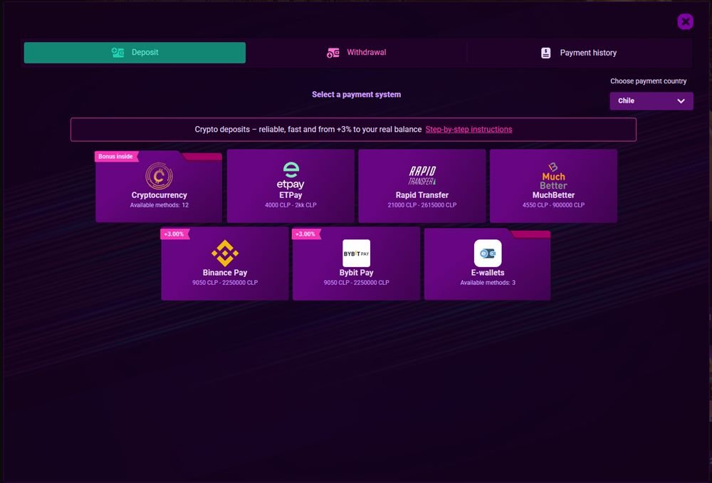 Caja de Booi Casino con pais Chile seleccionado: MACH, Rapid Transfer, criptomonedas y carteras electronicas