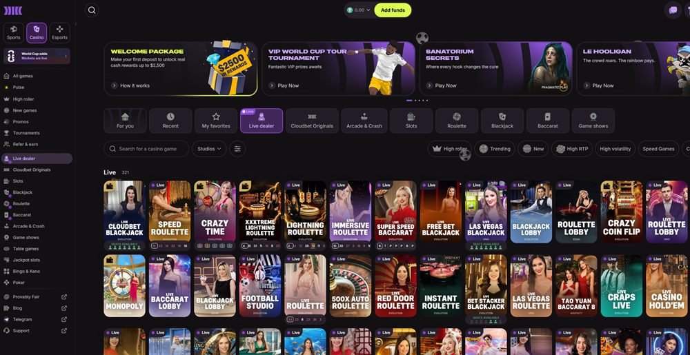 Lobby de Cloudbet con paquete de bienvenida, torneo VIP del Mundial y juegos de casino en vivo