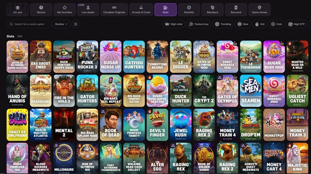 Catálogo de tragamonedas de Cloudbet con Gates of Olympus, Sugar Rush, Book of Dead y más de 2.000 slots
