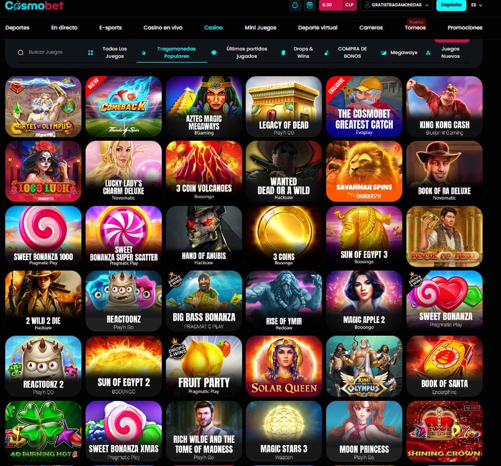 Lobby de tragamonedas de Cosmobet con Gates of Olympus, Legacy of Dead, Sweet Bonanza y categorías Populares, Megaways, Drops & Wins y Compra de Bonos