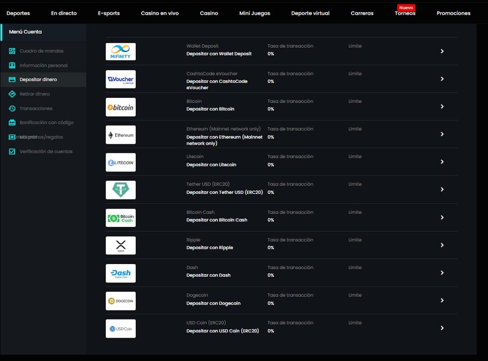 Seccion de depósitos de Cosmobet con Bitcoin, Ethereum, Litecoin, Tether USDT, Ripple, Dogecoin, MiFinity y CashtoCode, todos con 0% de comisión