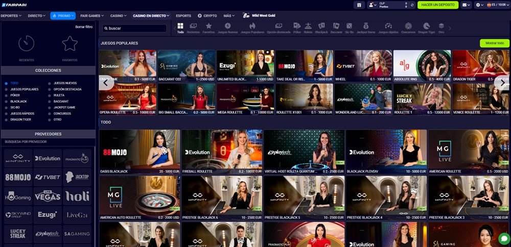 Casino en directo de FairPari con mesas de Evolution, Pragmatic Play, Playtech y Ezugi: Crazy Time, ruletas, blackjack y baccarat con crupieres reales
