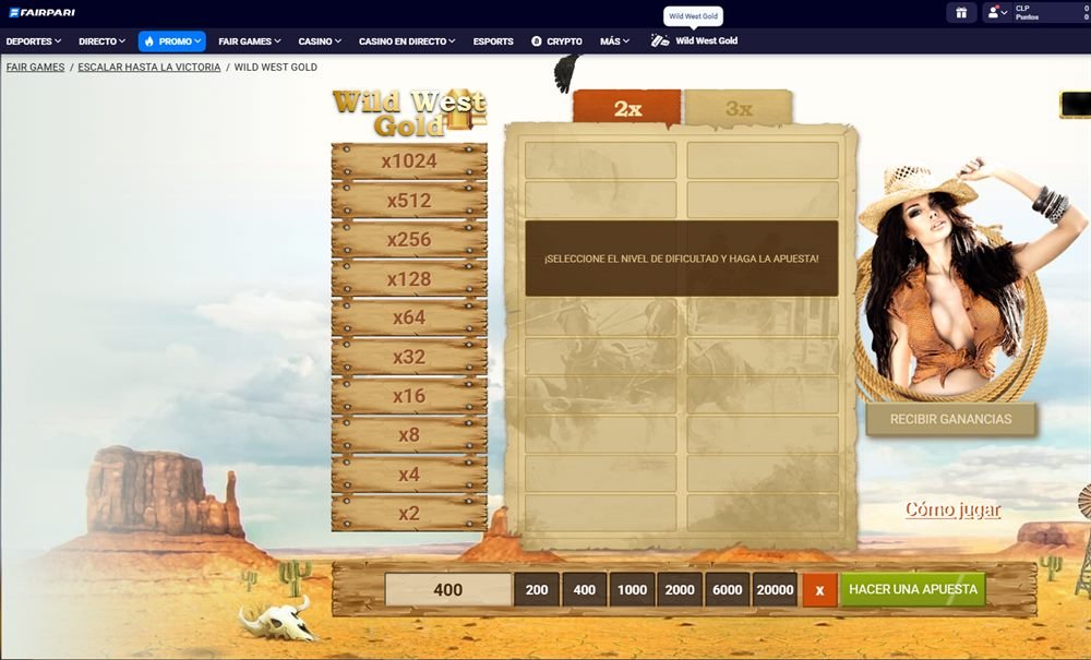 Juego Fair Games Wild West Gold de FairPari con multiplicadores de x2 hasta x1024, selección de dificultad y apuesta en CLP
