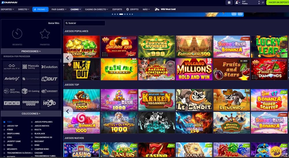 Lobby del casino de FairPari en español con la cuenta en CLP, menú de Deportes, Directo, Casino, Casino en Directo, Esports y Crypto, y tragamonedas populares como Sweet Bonanza y Gates of Olympus