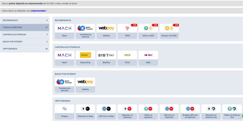 Caja de depósito de FairPari con métodos recomendados MACH, transferencia bancaria y WebPay, carteras electrónicas como BinancePay, BybitPay y Skrill, y 44 criptomonedas