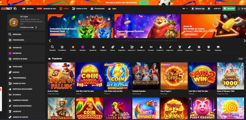 Lobby principal de GG.BET Casino con tragamonedas, casino en vivo y sección de esports