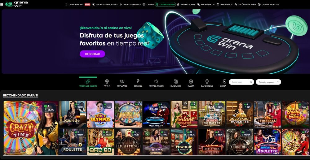 Casino en vivo de Granawin con Crazy Time, ruleta, blackjack y baccarat con crupieres reales en español
