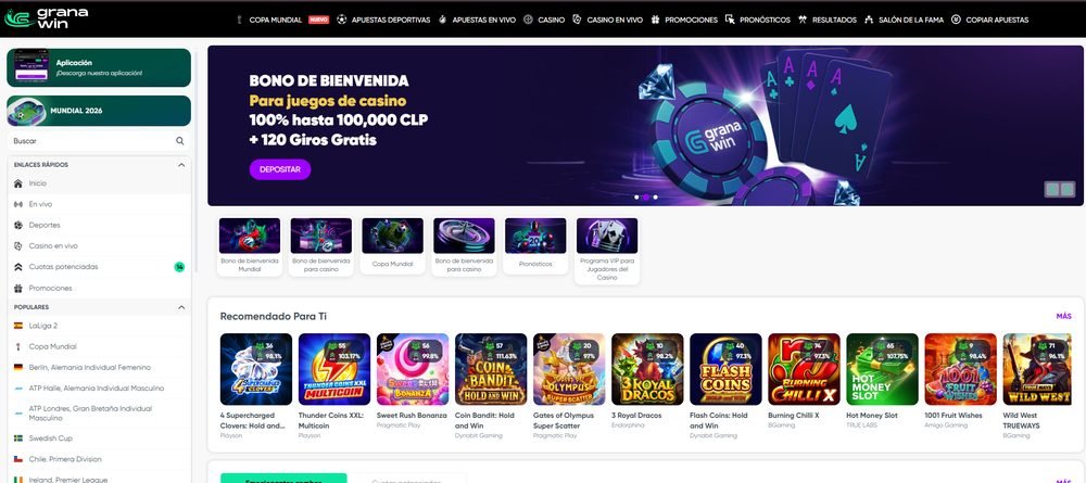Lobby de Granawin Casino con el bono de bienvenida de 100% hasta 100.000 CLP + 120 giros gratis y catálogo de juegos