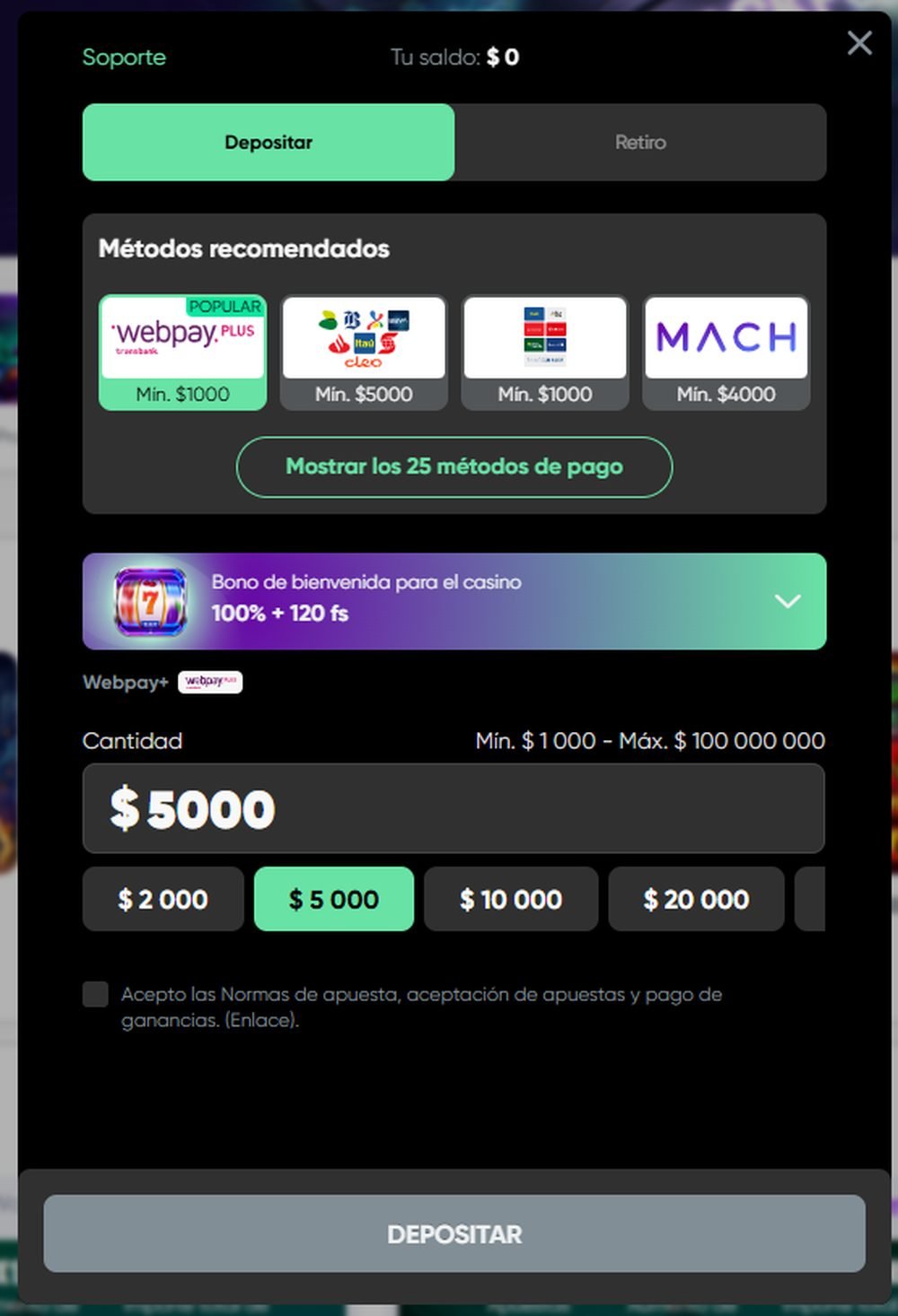 Métodos de pago de Granawin en Chile: WebPay, MACH, tarjetas Visa y Mastercard, todo en pesos chilenos CLP