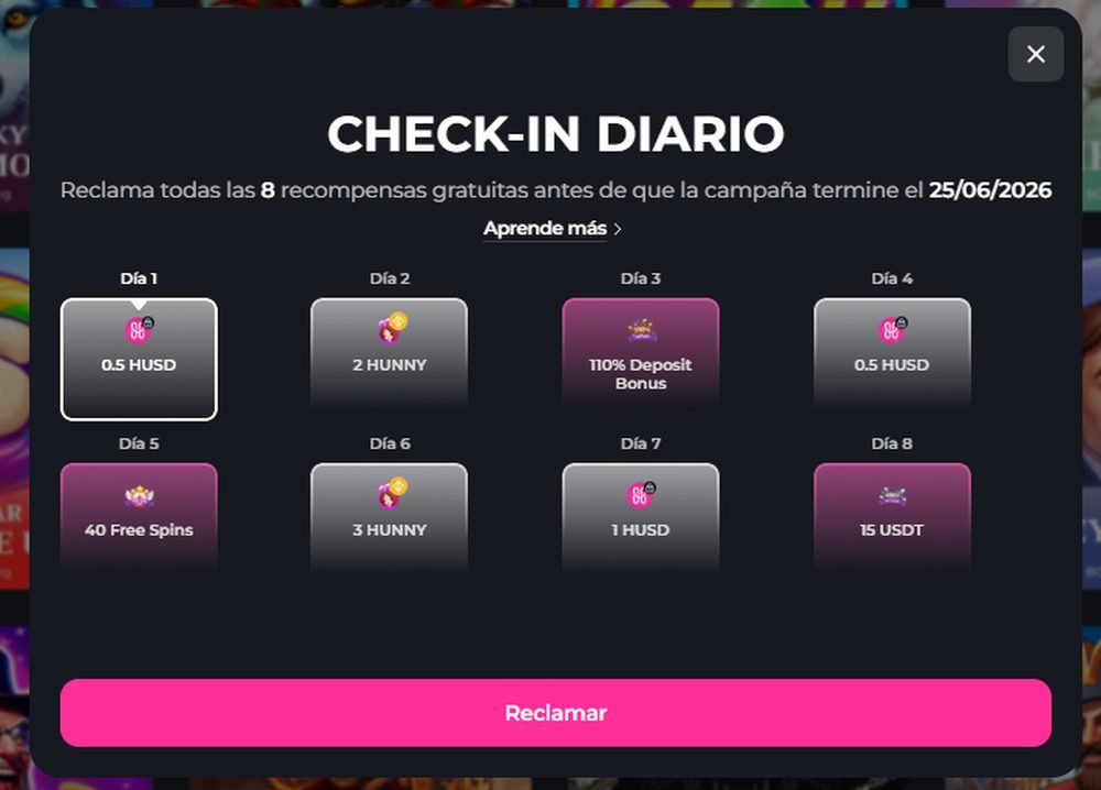 Check-in diario de HunnyPlay con 8 recompensas gratis: HUSD, HUNNY, 110% deposit bonus, 40 giros gratis y 15 USDT
