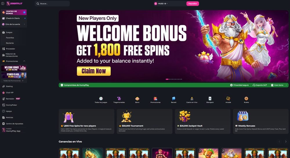 Lobby de HunnyPlay con el bono de bienvenida de 1.800 giros gratis para nuevos jugadores, sitio en español