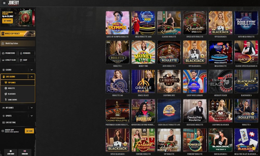 Casino en vivo de Jokery con ruleta en vivo, blackjack, baccarat y game shows con crupieres reales