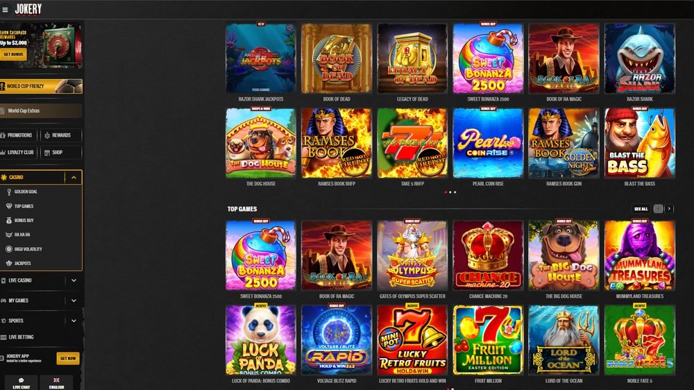 Catálogo de tragamonedas de Jokery con Sweet Bonanza, Gates of Olympus, Big Bass y juegos de Pragmatic Play y BGaming