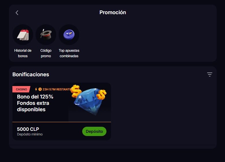 Pantalla de promociones de MangoDorado con el bono de casino del 125% de fondos extra y depósito mínimo de 5000 CLP