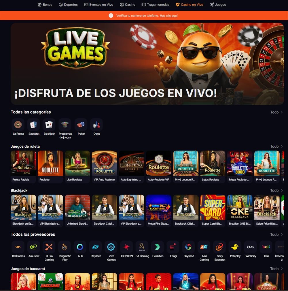 Casino en vivo de MangoDorado con mesas de ruleta, blackjack y baccarat y proveedores como Evolution, Pragmatic Play, Playtech, Ezugi y Vivo Gaming