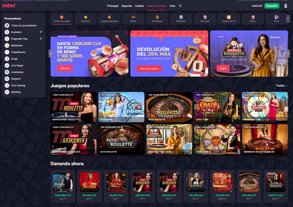 Casino en vivo de Marathonbet con mesas de ruleta, blackjack, Crazy Time y Monopoly Live con crupieres reales