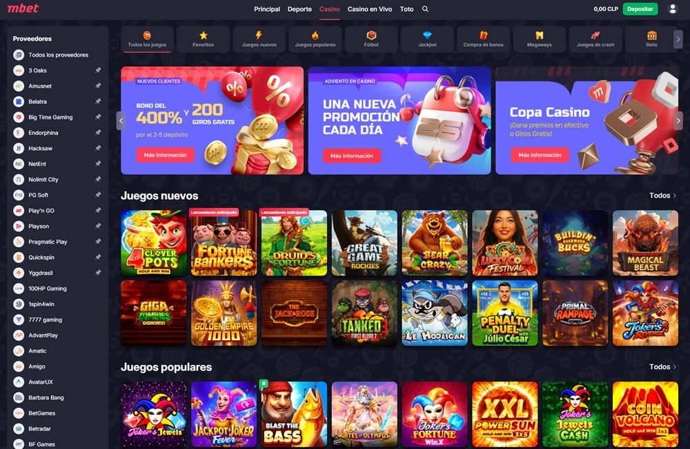 Lobby del casino de Marathonbet con juegos nuevos, populares y promociones activas para Chile